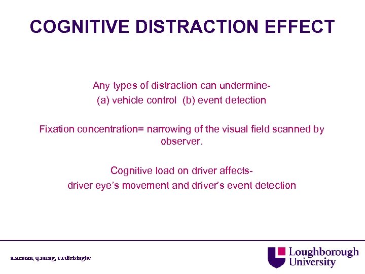 COGNITIVE DISTRACTION EFFECT Any types of distraction can undermine- (a) vehicle control (b) event