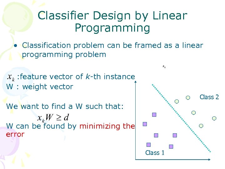 Classifier Design by Linear Programming • Classification problem can be framed as a linear