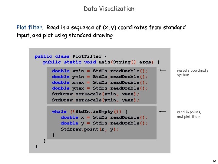 Data Visualization Plot filter. Read in a sequence of (x, y) coordinates from standard