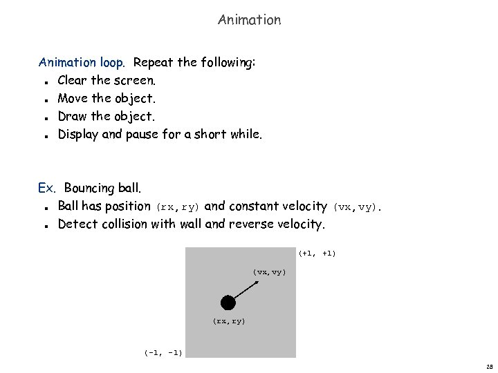 Animation loop. Repeat the following: Clear the screen. Move the object. Draw the object.