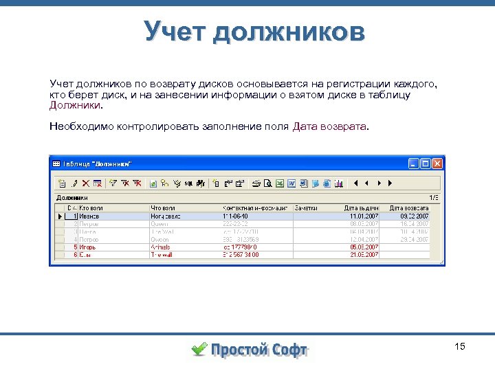 Учет должников по возврату дисков основывается на регистрации каждого, кто берет диск, и на