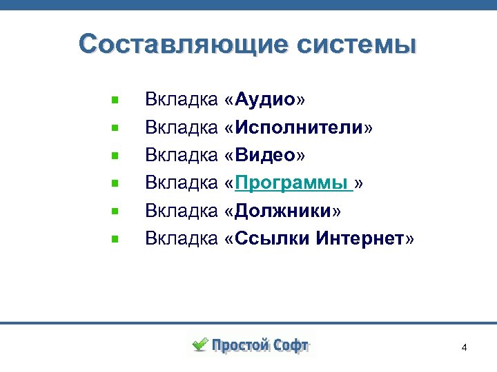 Составляющие системы Вкладка «Аудио» Вкладка «Исполнители» Вкладка «Видео» Вкладка «Программы » Вкладка «Должники» Вкладка