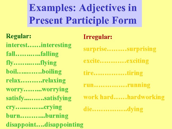 Examples: Adjectives in Present Participle Form Regular: Irregular: interest……interesting surprise………surprising fall……. …. . falling