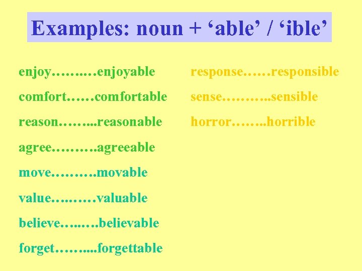 Examples: noun + ‘able’ / ‘ible’ enjoy……. …enjoyable response……responsible comfort……comfortable sense………. . sensible reason…….