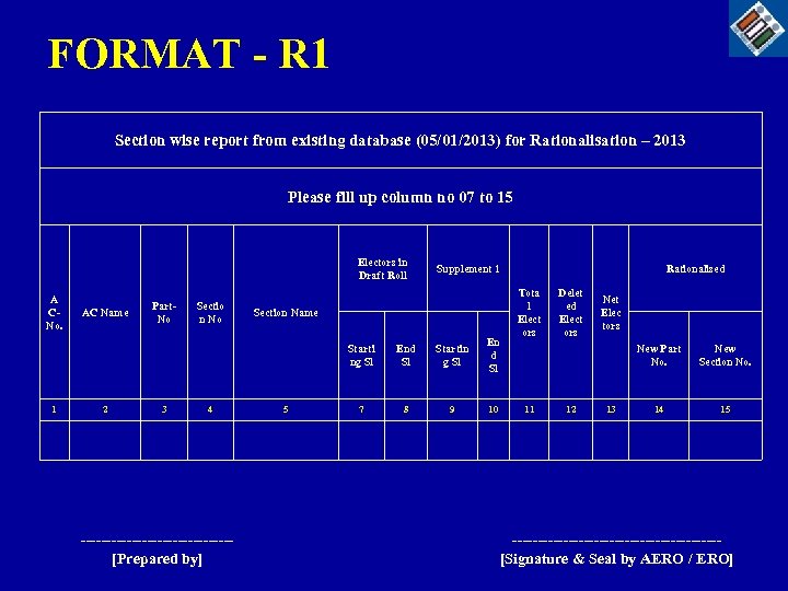 FORMAT - R 1 Section wise report from existing database (05/01/2013) for Rationalisation –