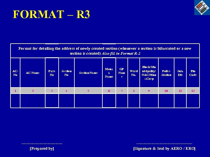 FORMAT – R 3 Format for detailing the address of newly created section (whenever