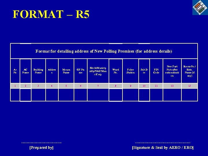 FORMAT – R 5 Format for detailing address of New Polling Premises (for address