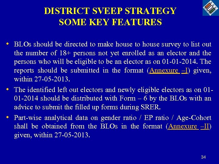 DISTRICT SVEEP STRATEGY SOME KEY FEATURES • BLOs should be directed to make house