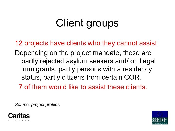 Client groups 12 projects have clients who they cannot assist. Depending on the project