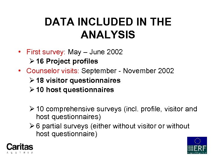 DATA INCLUDED IN THE ANALYSIS • First survey: May – June 2002 Ø 16