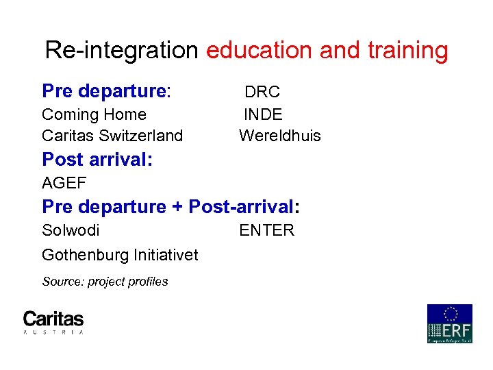 Re-integration education and training Pre departure: DRC Coming Home Caritas Switzerland INDE Wereldhuis Post