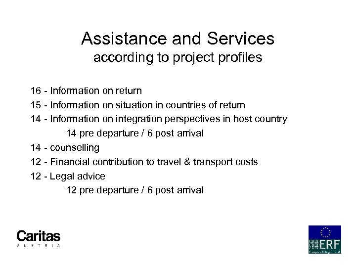 Assistance and Services according to project profiles 16 - Information on return 15 -