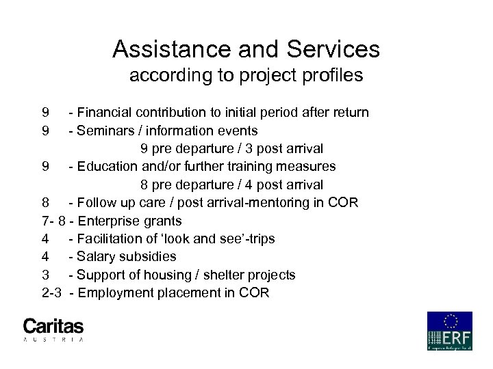 Assistance and Services according to project profiles 9 - Financial contribution to initial period