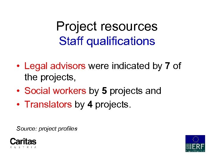 Project resources Staff qualifications • Legal advisors were indicated by 7 of the projects,
