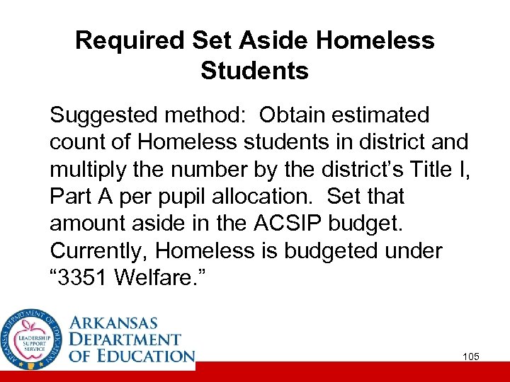 Required Set Aside Homeless Students Suggested method: Obtain estimated count of Homeless students in