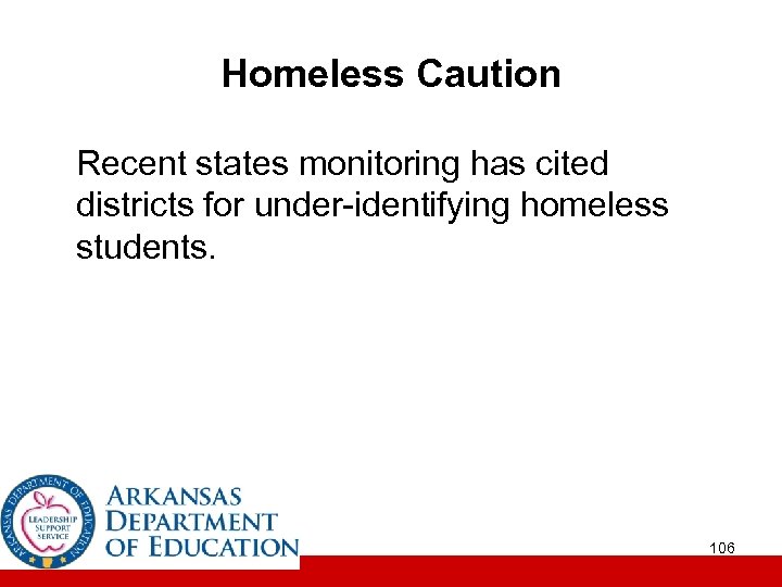 Homeless Caution Recent states monitoring has cited districts for under-identifying homeless students. 106 