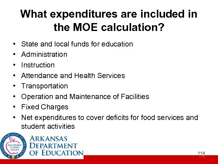 What expenditures are included in the MOE calculation? • • State and local funds