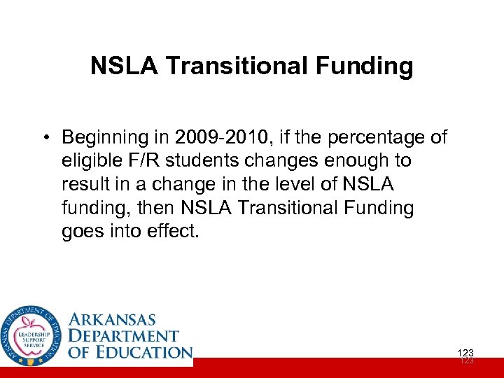 NSLA Transitional Funding • Beginning in 2009 -2010, if the percentage of eligible F/R