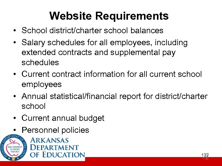 Website Requirements • School district/charter school balances • Salary schedules for all employees, including