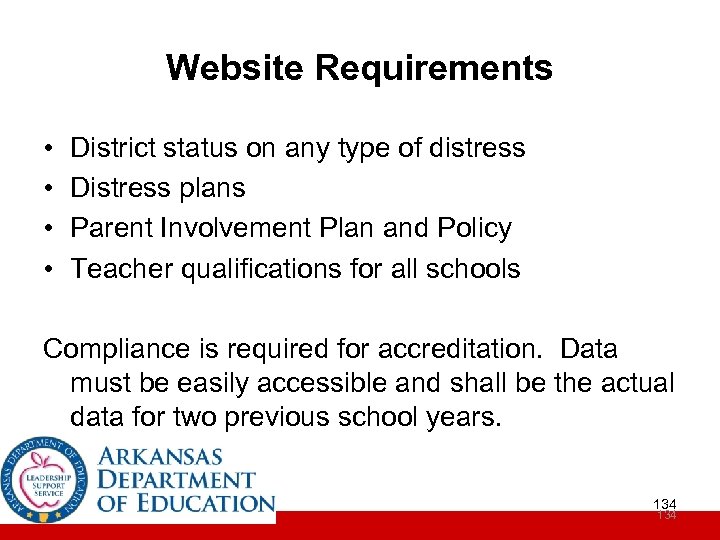 Website Requirements • • District status on any type of distress Distress plans Parent