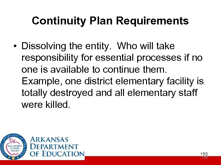 Continuity Plan Requirements • Dissolving the entity. Who will take responsibility for essential processes