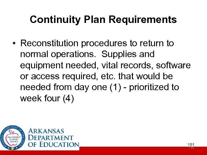 Continuity Plan Requirements • Reconstitution procedures to return to normal operations. Supplies and equipment