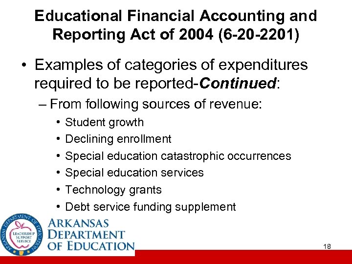Educational Financial Accounting and Reporting Act of 2004 (6 -20 -2201) • Examples of