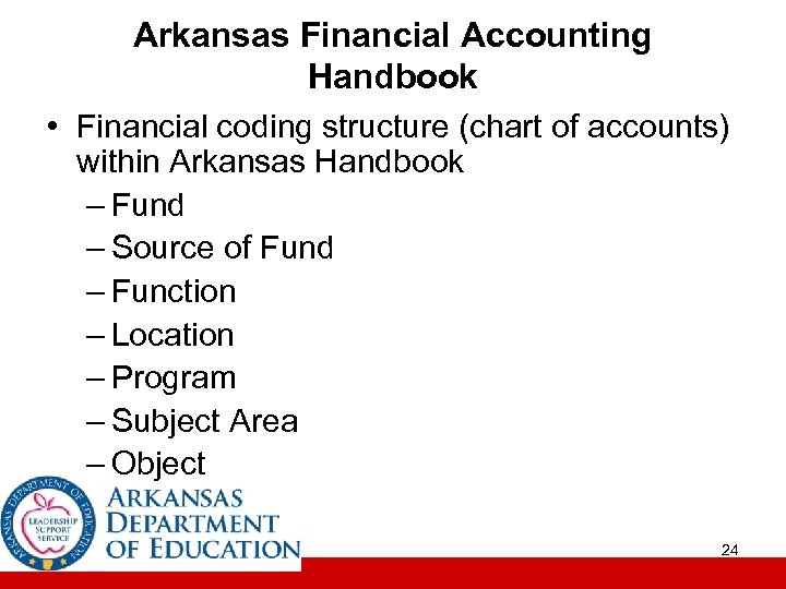 Arkansas Financial Accounting Handbook • Financial coding structure (chart of accounts) within Arkansas Handbook