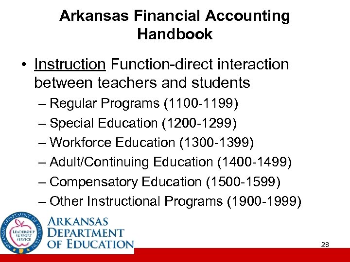 Arkansas Financial Accounting Handbook • Instruction Function-direct interaction between teachers and students – Regular