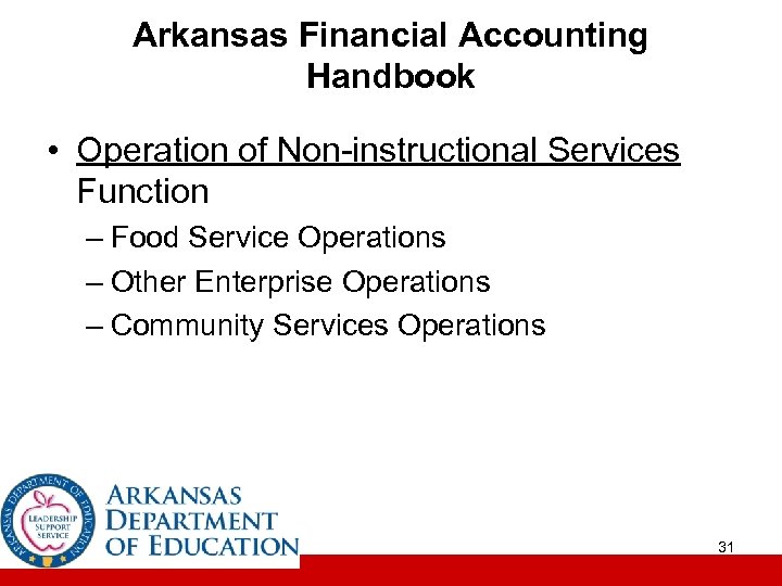 Arkansas Financial Accounting Handbook • Operation of Non-instructional Services Function – Food Service Operations