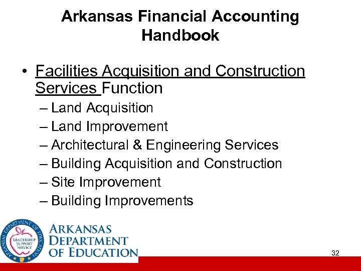 Arkansas Financial Accounting Handbook • Facilities Acquisition and Construction Services Function – Land Acquisition