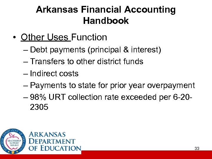 Arkansas Financial Accounting Handbook • Other Uses Function – Debt payments (principal & interest)