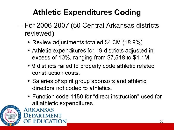 Athletic Expenditures Coding – For 2006 -2007 (50 Central Arkansas districts reviewed) • Review