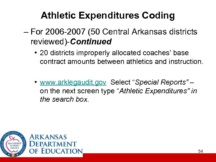 Athletic Expenditures Coding – For 2006 -2007 (50 Central Arkansas districts reviewed)-Continued • 20