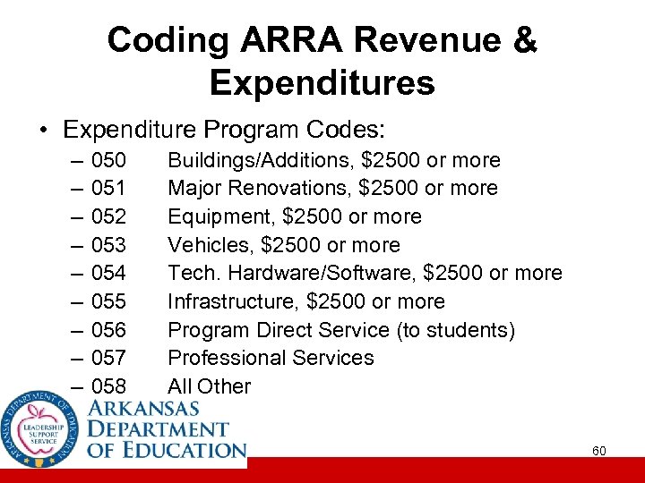Coding ARRA Revenue & Expenditures • Expenditure Program Codes: – – – – –