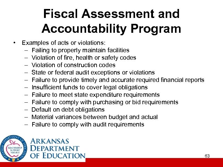 Fiscal Assessment and Accountability Program • Examples of acts or violations: – Failing to