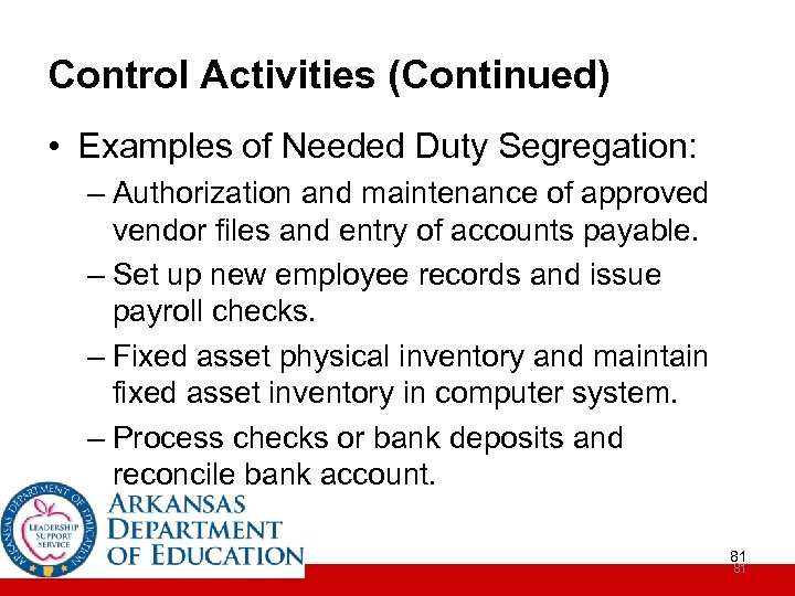 Control Activities (Continued) • Examples of Needed Duty Segregation: – Authorization and maintenance of
