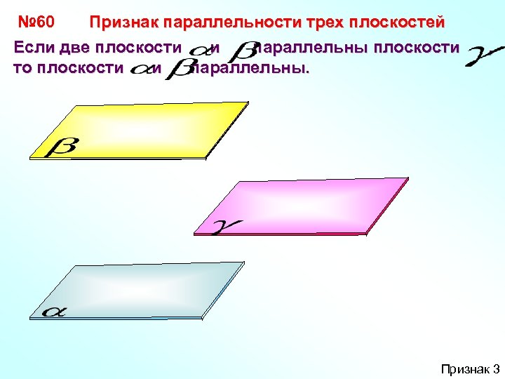 № 60 Признак параллельности трех плоскостей Если две плоскости и параллельны плоскости то плоскости