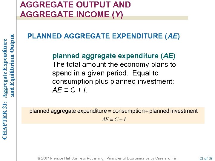 CHAPTER 21: Aggregate Expenditure and Equilibrium Output AGGREGATE OUTPUT AND AGGREGATE INCOME (Y) PLANNED