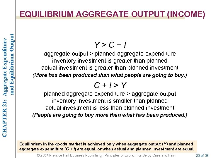 CHAPTER 21: Aggregate Expenditure and Equilibrium Output EQUILIBRIUM AGGREGATE OUTPUT (INCOME) Y>C+I aggregate output