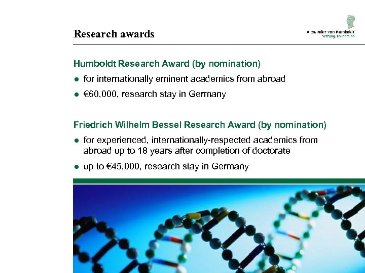 Research awards Humboldt Research Award (by nomination) ● for internationally eminent academics from abroad