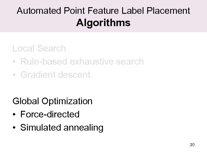 Automated Point Feature Label Placement Algorithms Local Search • Rule-based exhaustive search • Gradient