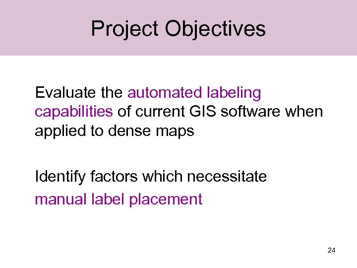 Project Objectives Evaluate the automated labeling capabilities of current GIS software when applied to