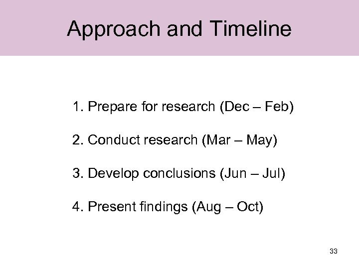 Approach and Timeline 1. Prepare for research (Dec – Feb) 2. Conduct research (Mar