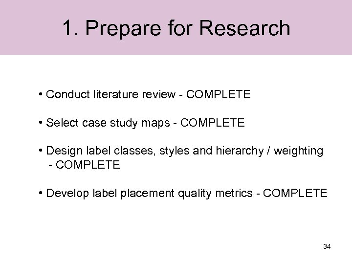 1. Prepare for Research • Conduct literature review - COMPLETE • Select case study