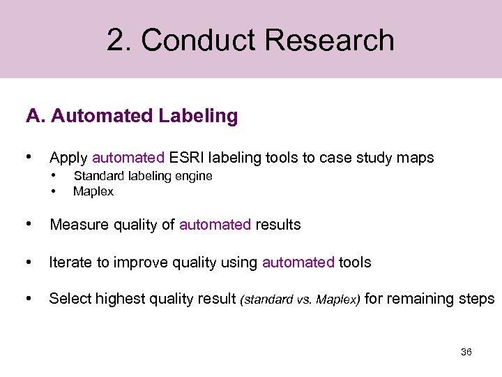 2. Conduct Research A. Automated Labeling • Apply automated ESRI labeling tools to case