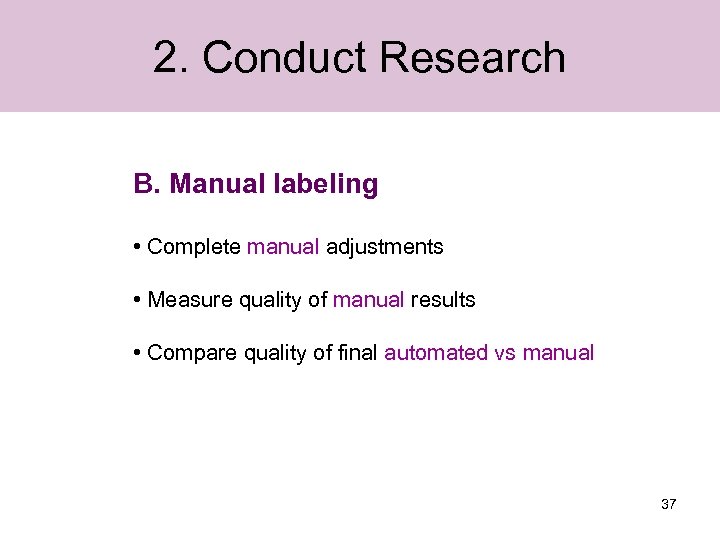 2. Conduct Research B. Manual labeling • Complete manual adjustments • Measure quality of