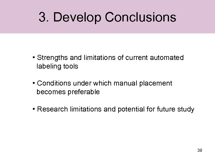 3. Develop Conclusions • Strengths and limitations of current automated labeling tools • Conditions