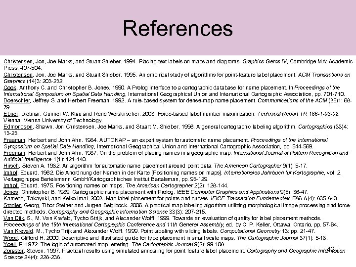 References Christensen, Joe Marks, and Stuart Shieber. 1994. Placing text labels on maps and