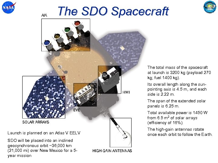 The SDO Spacecraft The total mass of the spacecraft at launch is 3200 kg